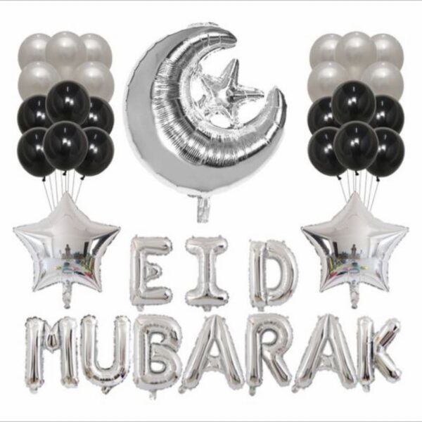 Eid Mubarak Silver & Black Foil & Latex Balloons Set