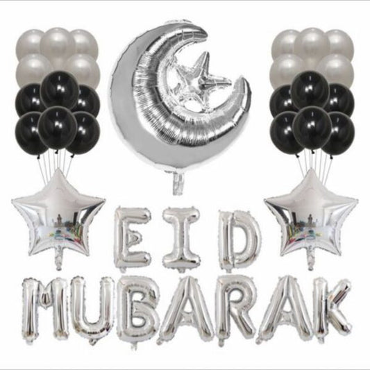 Eid Mubarak Silver & Black Foil & Latex Balloons Set