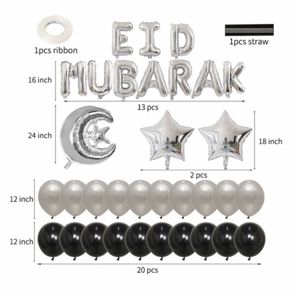 Eid Mubarak Silver & Black Foil & Latex Balloons Set