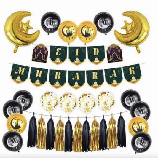 Gold & Black Eid Mubarak Foil Balloons Set