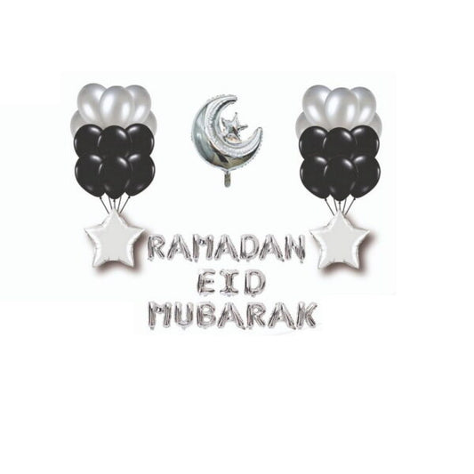 Ramadan Eid Mubarak Silver & Black Foil & Latex Balloons Set