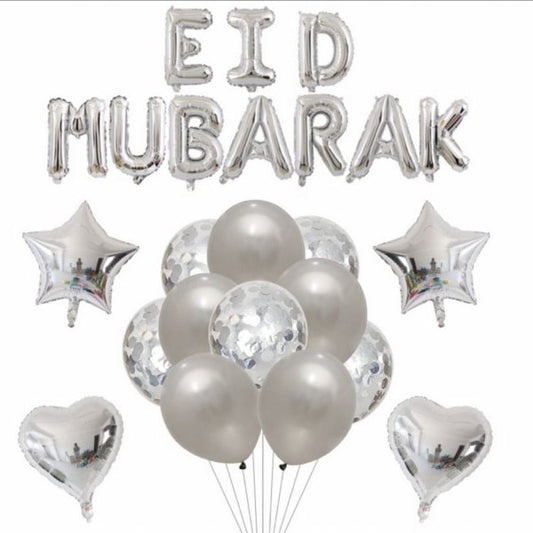 Silver Eid Mubarak Foil & Latex Balloons Set