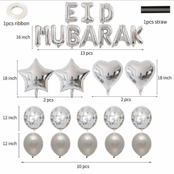 Silver Eid Mubarak Foil & Latex Balloons Set