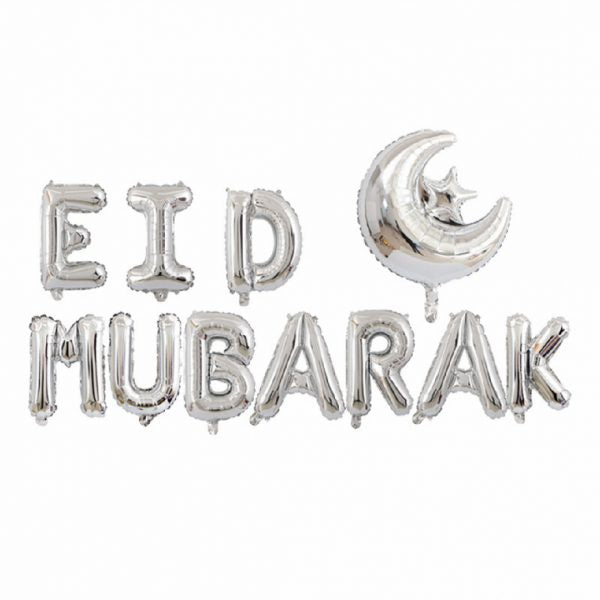 Silver Eid Mubarak with Moon & Star Foil Balloon Set