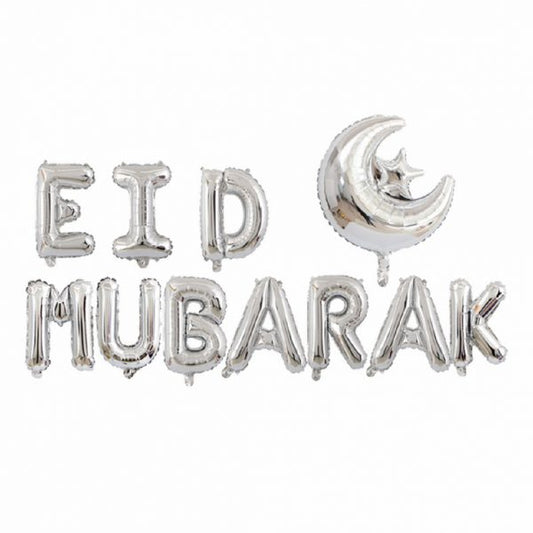 Silver Eid Mubarak with Moon & Star Foil Balloon Set