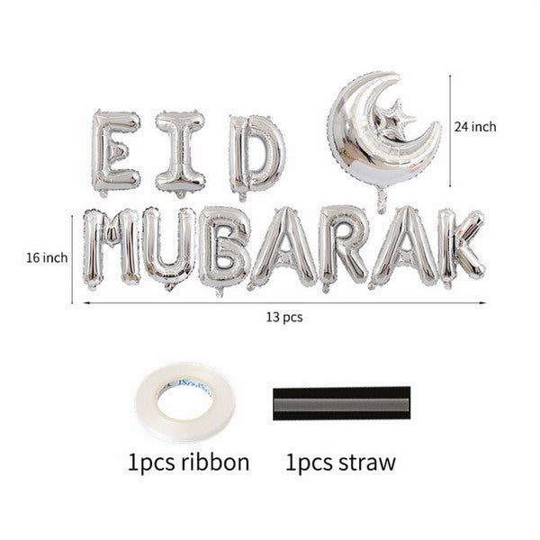 Silver Eid Mubarak with Moon & Star Foil Balloon Set