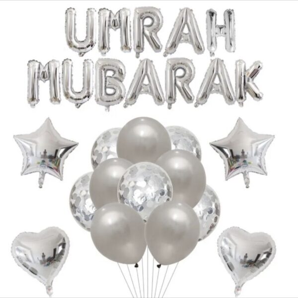Silver Umrah Mubarak Foil & Latex Balloons Set