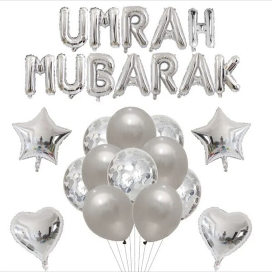 Silver Umrah Mubarak Foil & Latex Balloons Set