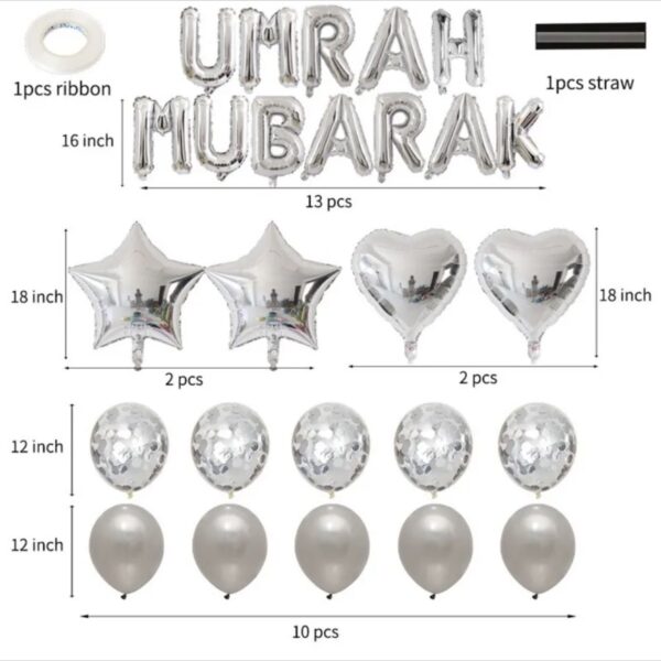 Silver Umrah Mubarak Foil & Latex Balloons Set