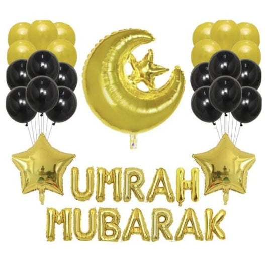 Umrah Mubarak Gold & Black Foil & Latex Balloons Set