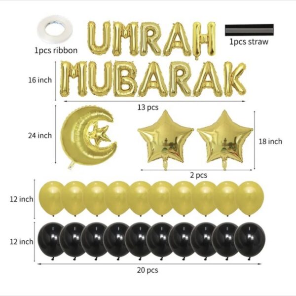 Umrah Mubarak Gold & Black Foil & Latex Balloons Set
