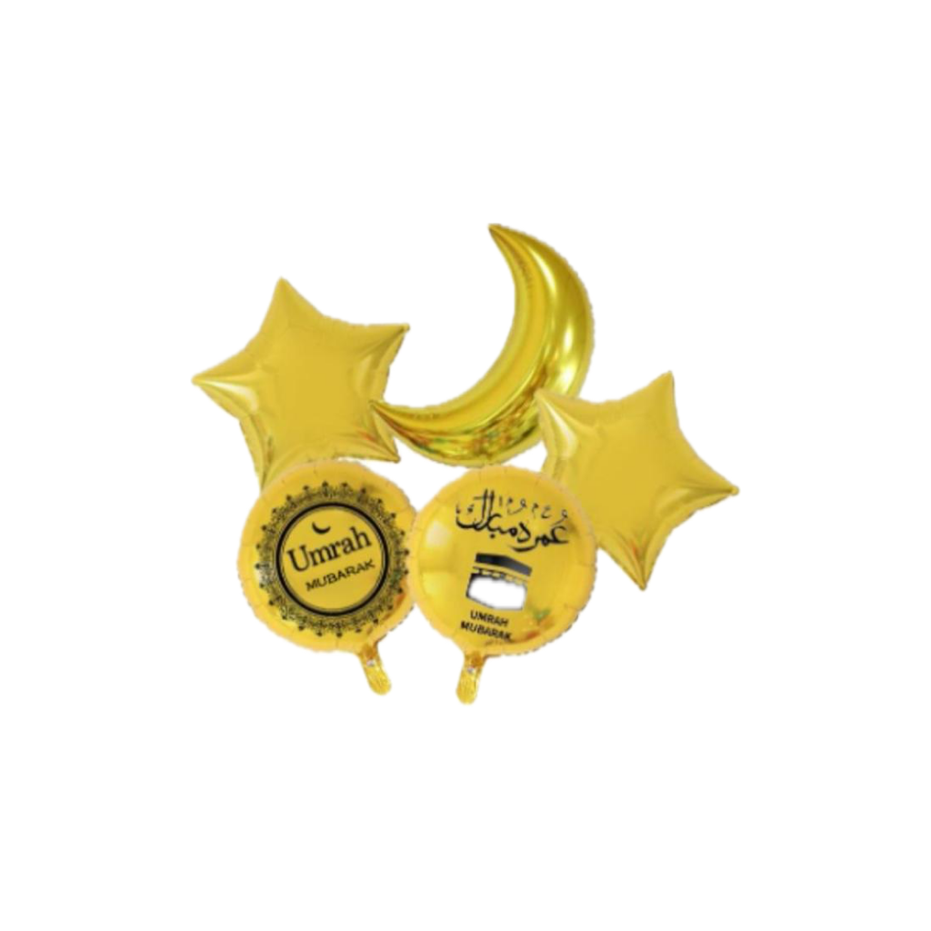 5 Pcs Umrah Mubarak Foil Balloons Set Black on Gold