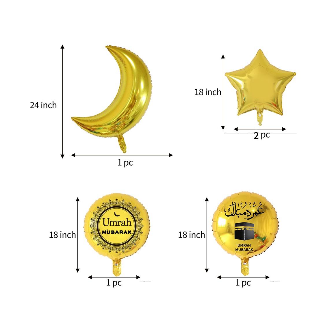5 Pcs Umrah Mubarak Foil Balloons Set Black on Gold