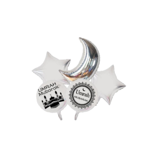 5 Pcs Umrah Mubarak Foil Balloons Set Black on Silver