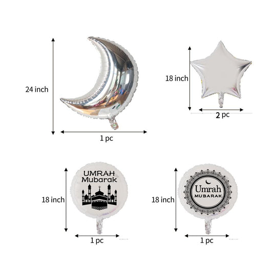 5 Pcs Umrah Mubarak Foil Balloons Set Black on Silver