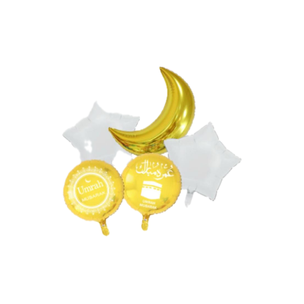 5 Pcs Umrah Mubarak Foil Balloons Set White & Gold