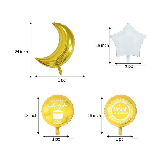 5 Pcs Umrah Mubarak Foil Balloons Set White & Gold