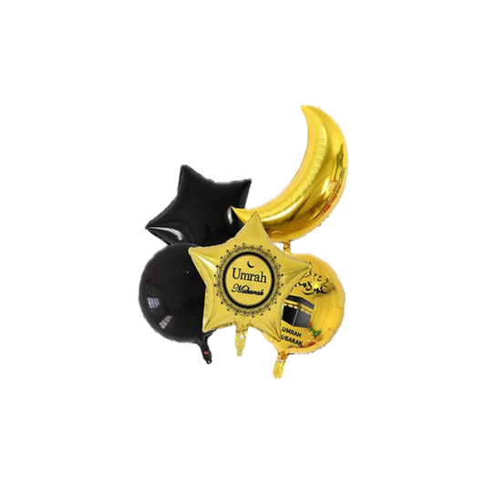 5 Pcs Umrah Mubarak Foils Balloon Set Black & Gold