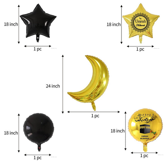 5 Pcs Umrah Mubarak Foils Balloon Set Black & Gold