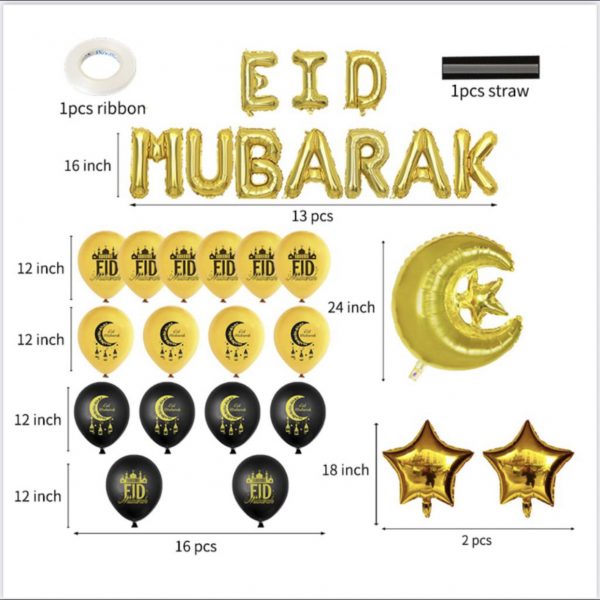 Eid Mubarak Gold & Black Foil & Latex Balloons Set